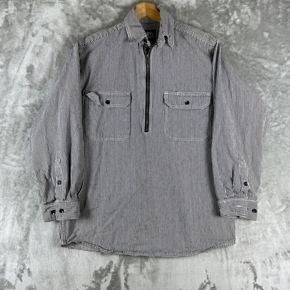 Key Hickory Stripe Shirt Mens Small Blue White 1/4 Zip Pullover Workwear